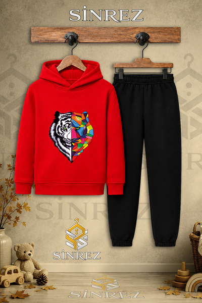 SİNREZ Children's Unisex Single Tiger Geometric Printed Hooded Tracksuit Set