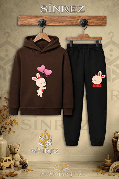 SİNREZ Children's Unisex Single Rabbit Heart Balloon Printed Hooded Tracksuit...
