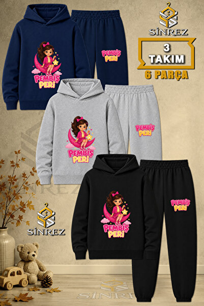 SİNREZ Children's Unisex 3Lu Pink Fairy Printed Hooded Tracksuit Set on the Moon
