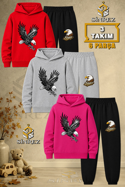 SİNREZ Children's Unisex 3Lu Eagle Black Attack Printed Hooded Tracksuit Set