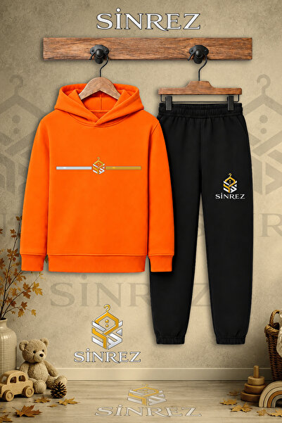 SİNREZ Children's Unisex Single Logo Side Single Line Printed Hooded Tracksui...