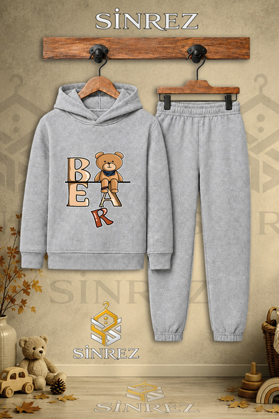 SİNREZ Children's Unisex Single Bear Printed Hooded Tracksuit Set