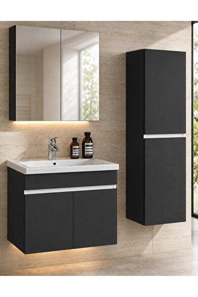 Demezler Home Modern Vera 80 cm Antrasit MDF Hilton Banyo Dolabı Takımı Aynal...