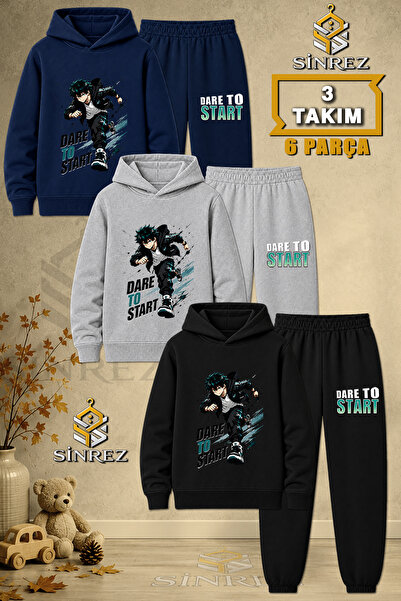 SİNREZ Children's Unisex 3Lu Dare to Run Printed Hooded Tracksuit Set