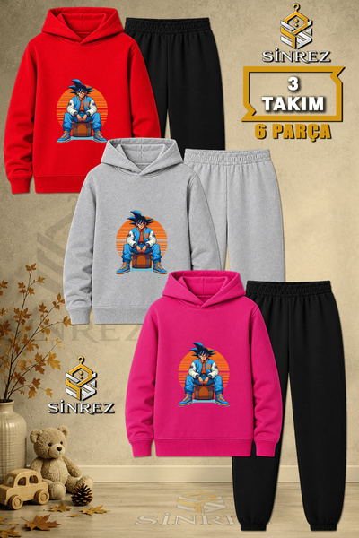SİNREZ Children's Unisex 3Lu Goku Trncu Circle Printed Hooded Tracksuit Set