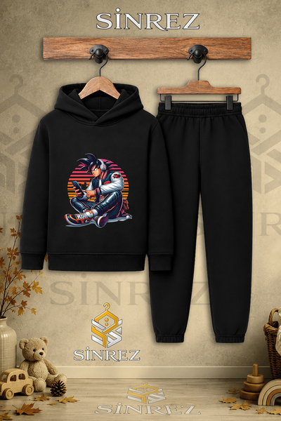 SİNREZ Children's Unisex Single Goku Sitting Printed Hooded Tracksuit Set wit...