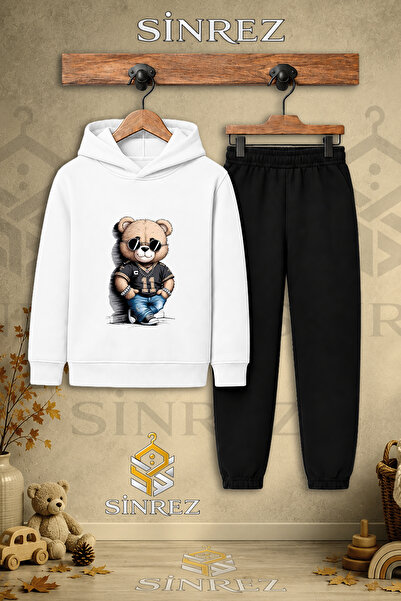 SİNREZ Children's Unisex Single Bear Style Printed Hooded Tracksuit Set