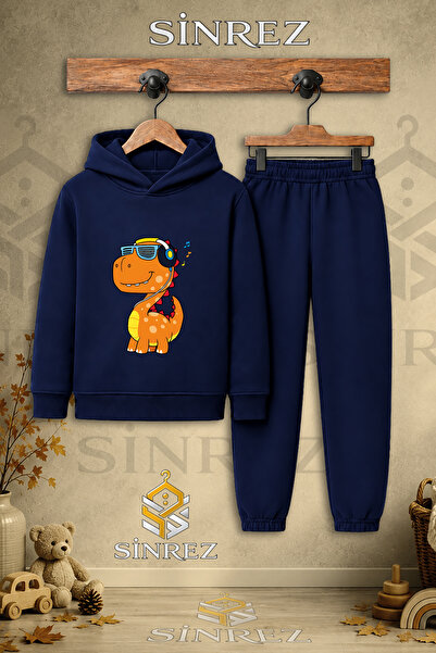 SİNREZ Children's Unisex Single Dino Headphones Orange Printed Hooded Tracksu...