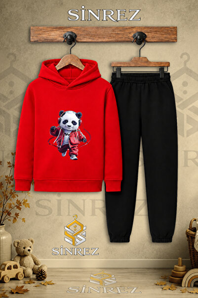 SİNREZ Children's Unisex Single Panda Printed Hooded Tracksuit Set with Red E...