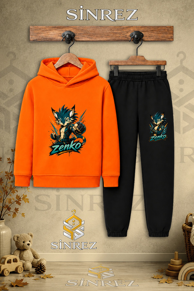 SİNREZ Children's Unisex Single Zenko Half Fist Printed Hooded Tracksuit Set