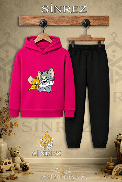 SİNREZ Children's Unisex Single Cat Mouse Hands in the Cloud Printed Hooded T...