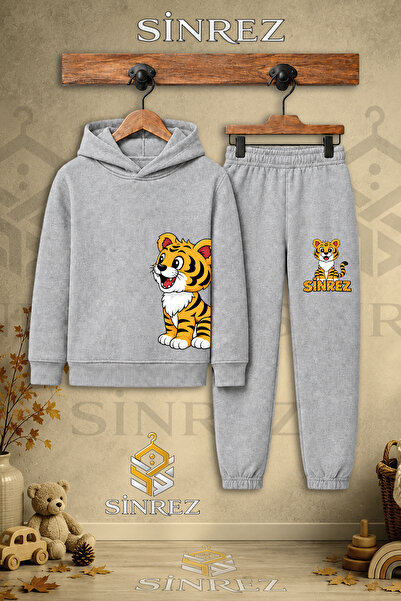 SİNREZ Children's Unisex Single Tiger Printed Hooded Tracksuit Set on the Lef...