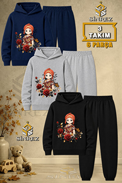 SİNREZ Children's Unisex 3Lu Jyn Anime Girl Printed Hooded Tracksuit Set