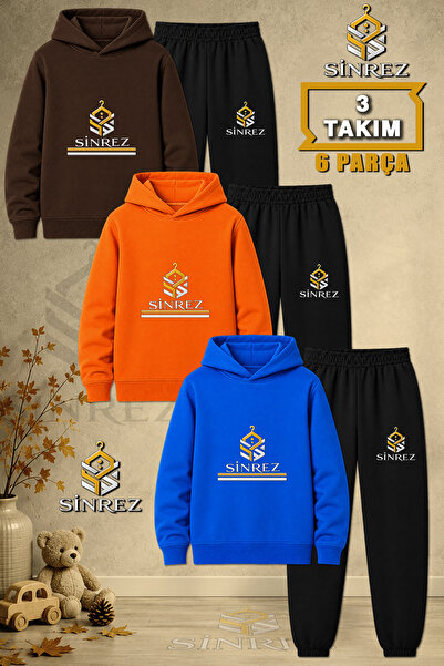 SİNREZ Children's Unisex 3Lu Logo Two-Line Printed Hooded Tracksuit Set
