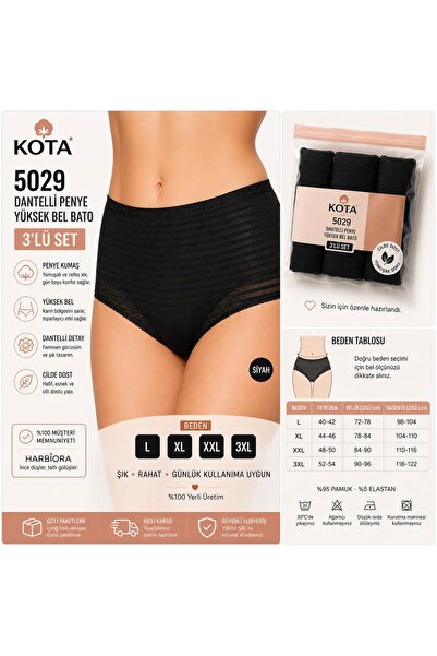 KOTA 5029 Kadın Dantelli Penye Yüksek Bel Bato Külot 3'lü Set