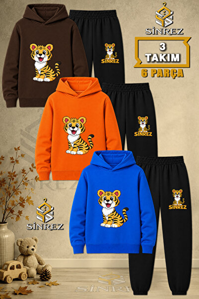 SİNREZ Children's Unisex 3Lu Tiger Sitting Printed Hooded Tracksuit Set