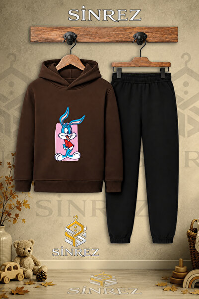 SİNREZ Children's Unisex Single Tavsan Boys Pink Canvas Printed Hooded Tracks...