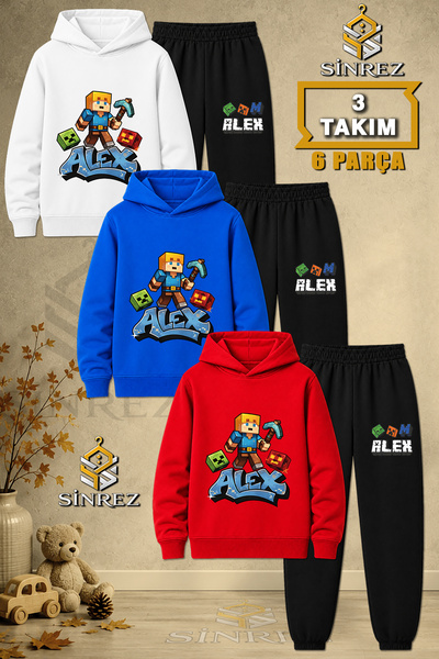 SİNREZ Children's Unisex 3Lu Alex Batlali Printed Hooded Tracksuit Set