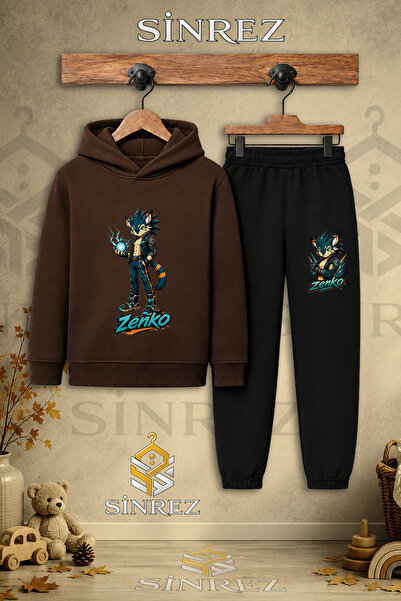 SİNREZ Children's Unisex Single Zenko Hand-Printed Hooded Tracksuit Set
