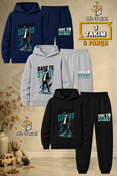 SİNREZ Children's Unisex 3Lu Dare to Hands in Pocket Printed Hooded Tracksuit...