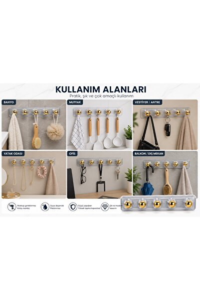 5’li Yapışkanlı Askılık Şeffaf Gold – Delmeden Duvara Monte Güçlü Yapışkanlı Çok Amaçlı Banyo Mutfak