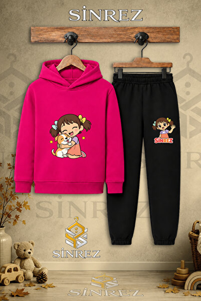 SİNREZ Children's Unisex Single-Piece Girl's Hooded Sweatshirt Set with Print...