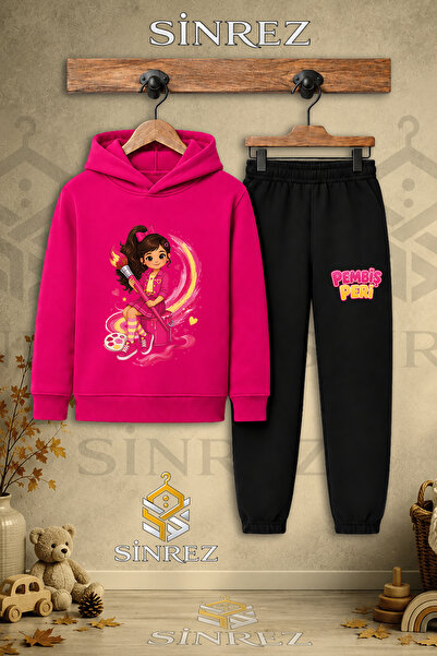 SİNREZ Children's Unisex Single-Piece Printed Hooded Tracksuit Set with Pink ...