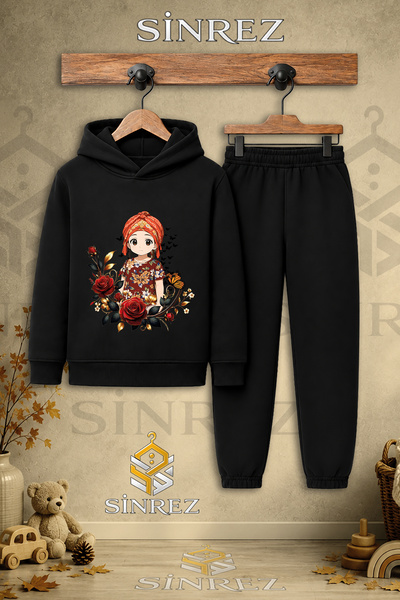 SİNREZ Children's Unisex Single Jyn Anime Girl Printed Hooded Tracksuit Set