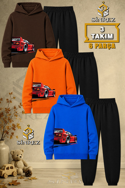 SİNREZ Children's Unisex 3Lu Car Red Printed Hooded Tracksuit Set on the Righ...