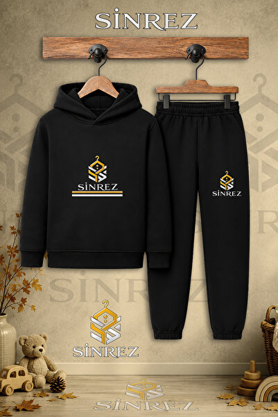 SİNREZ Children's Unisex Single Logo Two-Line Printed Hooded Tracksuit Set