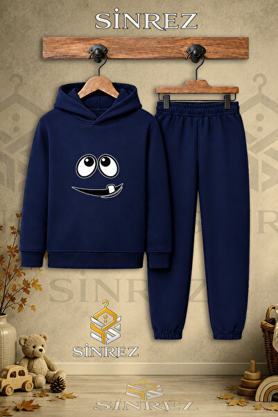 SİNREZ Children's Unisex Single Dis Goz Face Printed Hooded Tracksuit Set