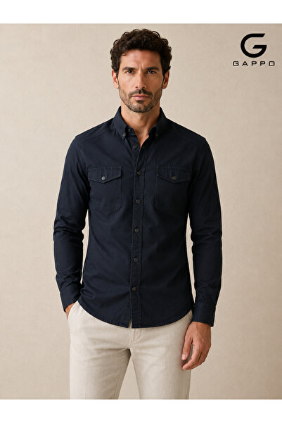 GAPPO Çift cepli slim fit pamuklu siyah kot gömlek