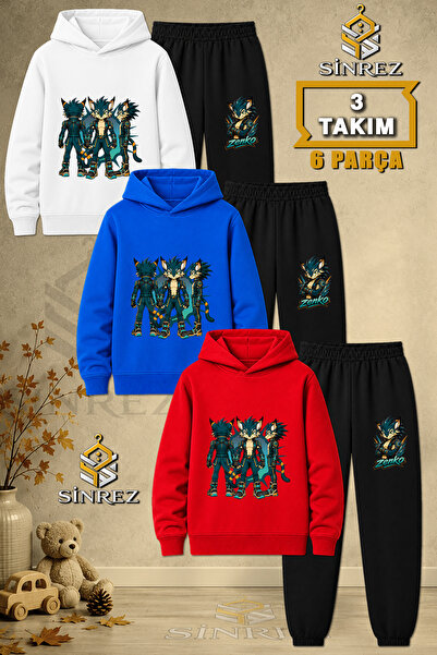 SİNREZ Children's Unisex 3Lu Zenko Multiple Pose Printed Hooded Tracksuit Set