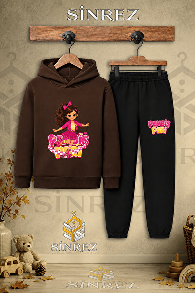 SİNREZ Children's Unisex Single Pink Fairy Skate Printed Hooded Tracksuit Set