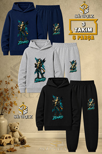 SİNREZ Children's Unisex 3Lu Zenko Arkada X Printed Hooded Tracksuit Set