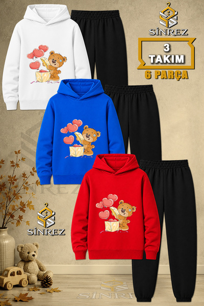 SİNREZ Children's Unisex 3Lu Bear in a Box Heart Printed Hooded Tracksuit Set