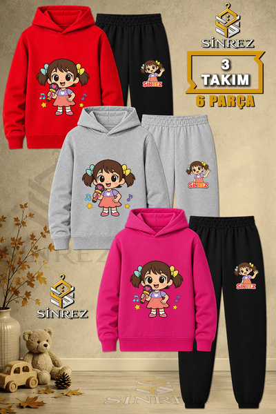SİNREZ Children's Unisex 3Lu Girls' Microphone Printed Hooded Tracksuit Set