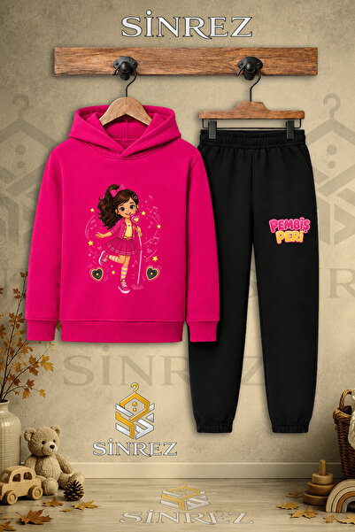 SİNREZ Children's Unisex Single Pink Fairy Singing Printed Hooded Tracksuit Set
