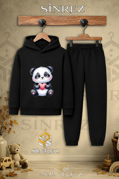 SİNREZ Children's Unisex Single Panda Pink Heart Printed Hooded Tracksuit Set