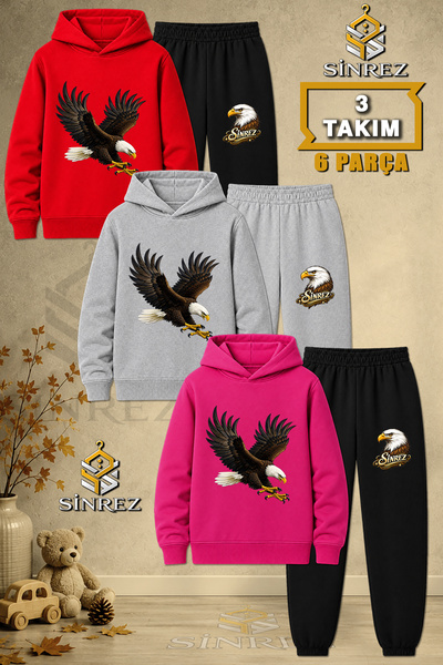 SİNREZ Children's Unisex 3Lu Eagle Colorful Attack Printed Hooded Tracksuit Set