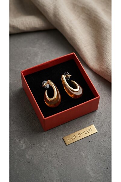 Modern Damla Formlu Amber Detaylı Gold Kadın Küpe