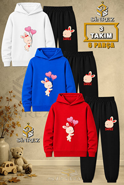 SİNREZ Children's Unisex 3Lu Rabbit Heart Balloon Printed Hooded Tracksuit Set