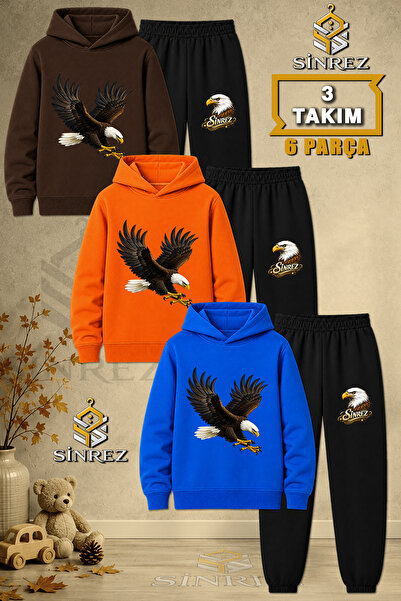 SİNREZ Children's Unisex 3Lu Eagle Colorful Attack Printed Hooded Tracksuit Set