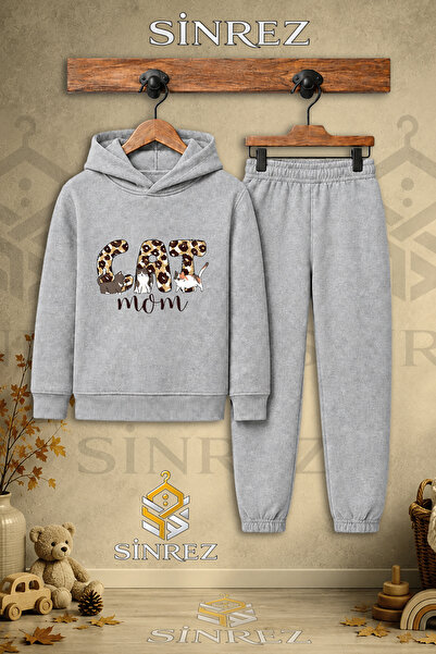 SİNREZ Children's Unisex Single Cat Leopard Pattern Printed Hooded Tracksuit Set