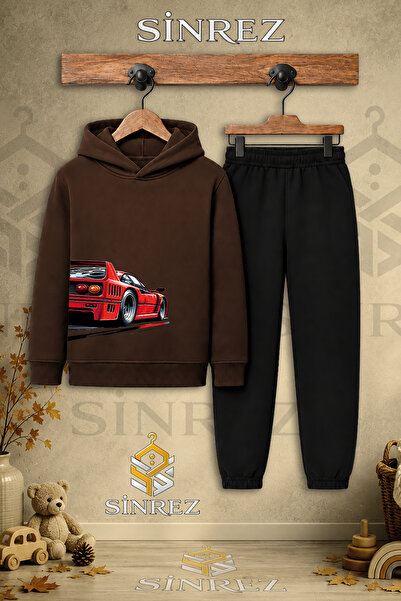 SİNREZ Children's Unisex Single Car Red Hooded Tracksuit Set with Printed Des...