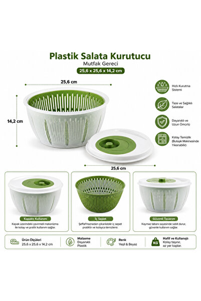 Generic Brand Plastic Salad Dehydrator Kitchen Utensil 25,6X25,6X14,2 cm Green