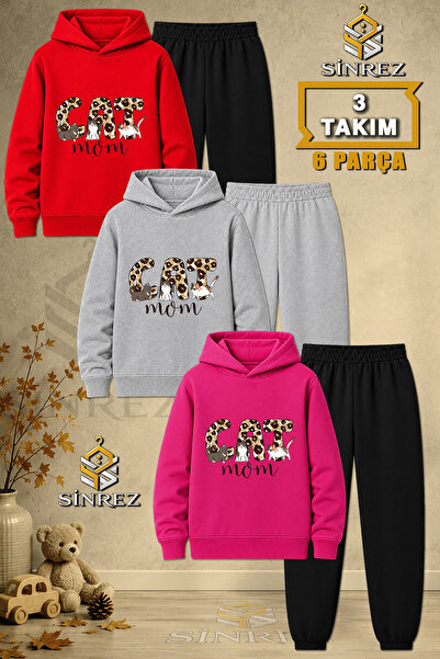 SİNREZ Children's Unisex 3Lu Cat Leopard Pattern Printed Hooded Tracksuit Set