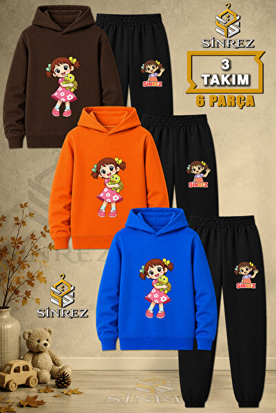 SİNREZ Children's Unisex 3Lu Girl's Turtle Printed Hooded Tracksuit Set