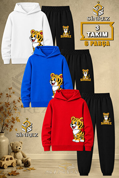 SİNREZ Children's Unisex 3Lu Tiger Left Side Printed Hooded Tracksuit Set