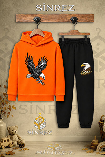 SİNREZ Children's Unisex Single Eagle Black Atak Printed Hooded Tracksuit Set